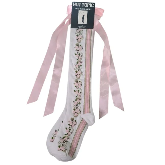 Hot Topic Pink and White Floral Knee-high Socks With Pink Ribbon Bow O/S - Picture 1 of 4